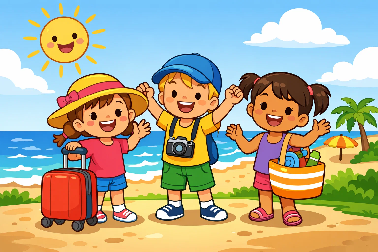 Summer vacation quotes kids image with children at beach trip.

