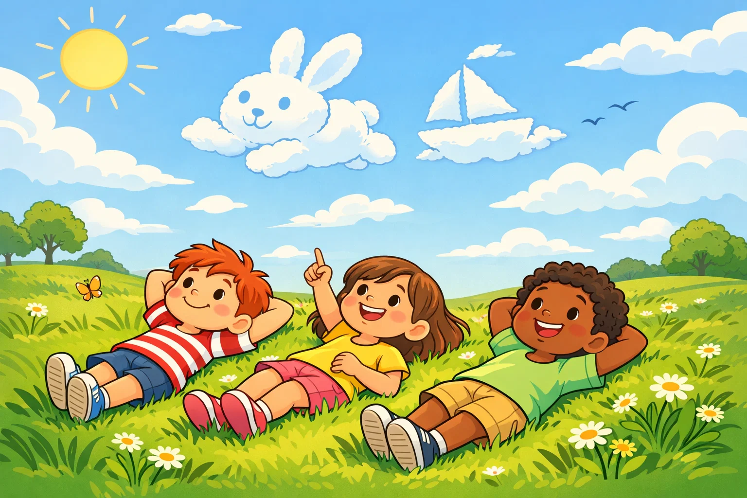 Summer vibe quotes kids image with children resting on grass.
