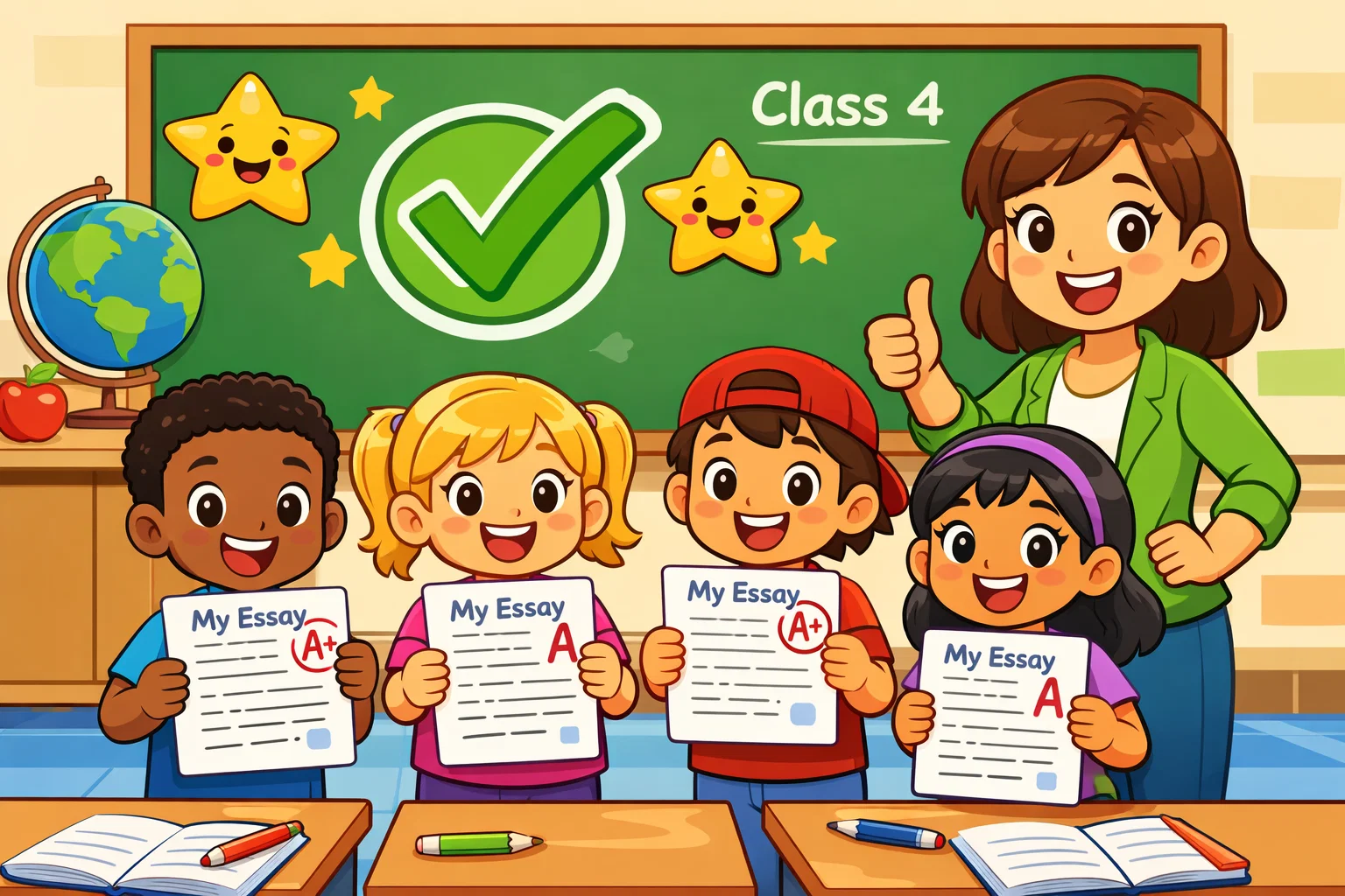  Summing up essay topics for class 4 with students holding finished essays.
