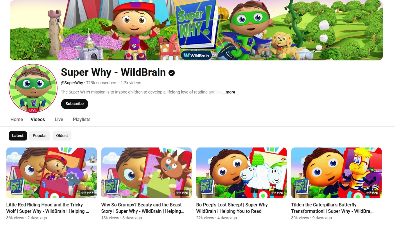 Super Why reading cartoon for kids learning phonics and story comprehension.
