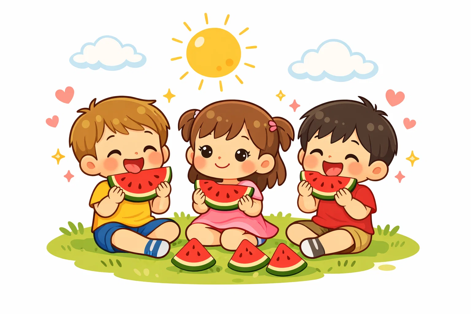 Sweet summer quotes kids image with happy children sharing watermelon.
