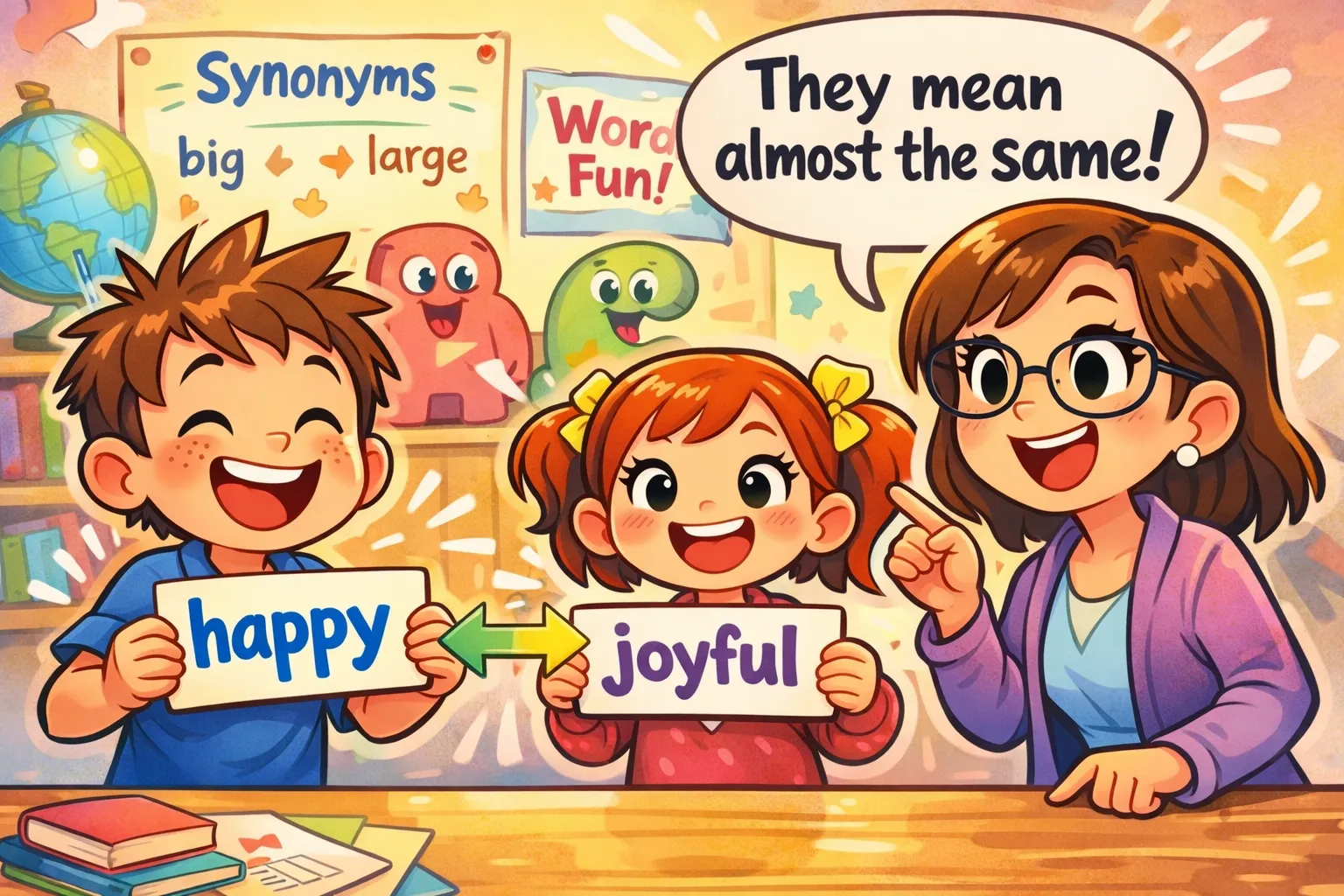 Kids learning synonym definition examples with happy and joyful cards in classroom.
