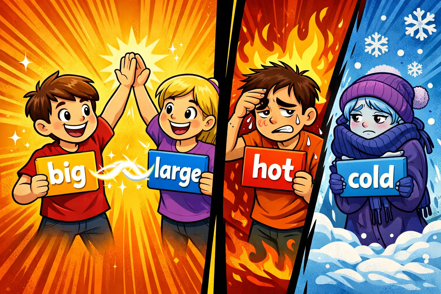 Visual comparison of synonyms and antonyms with big–large and hot–cold
