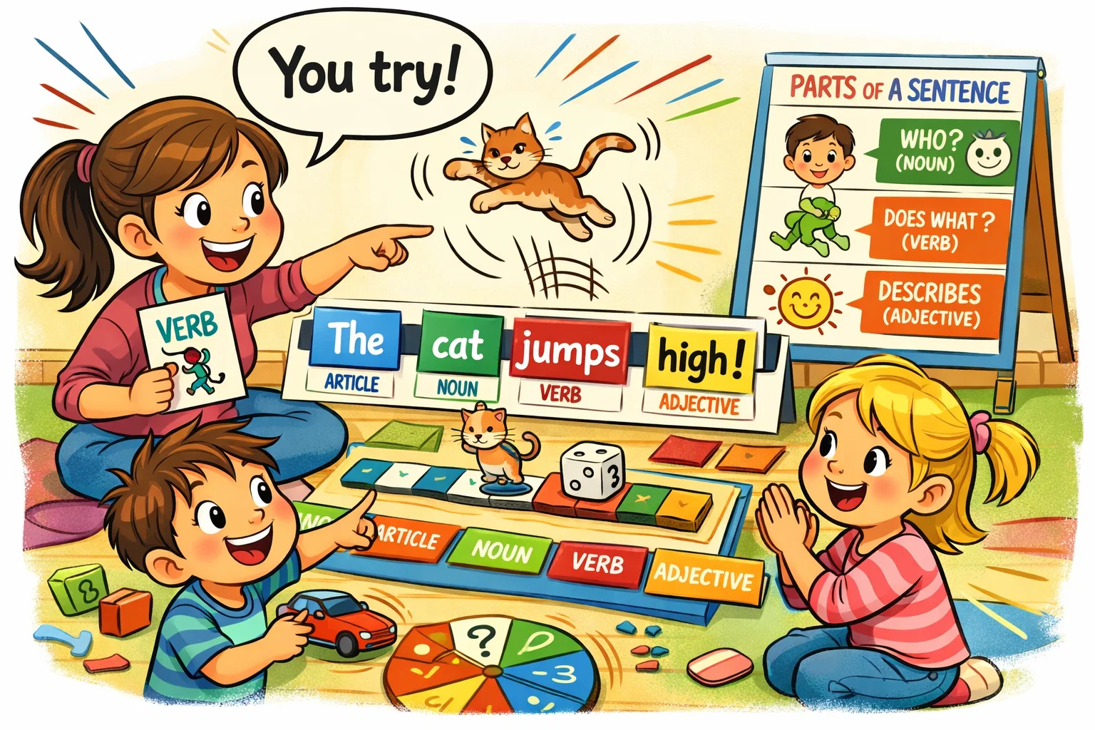 Teach parts of sentence kids with fun activities and guided learning. 