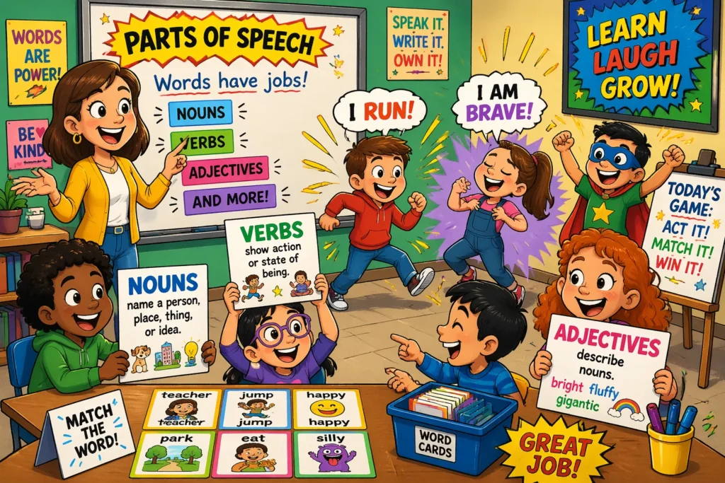 Teach parts of speech fun ways kids classroom activities with games and colorful word cards.