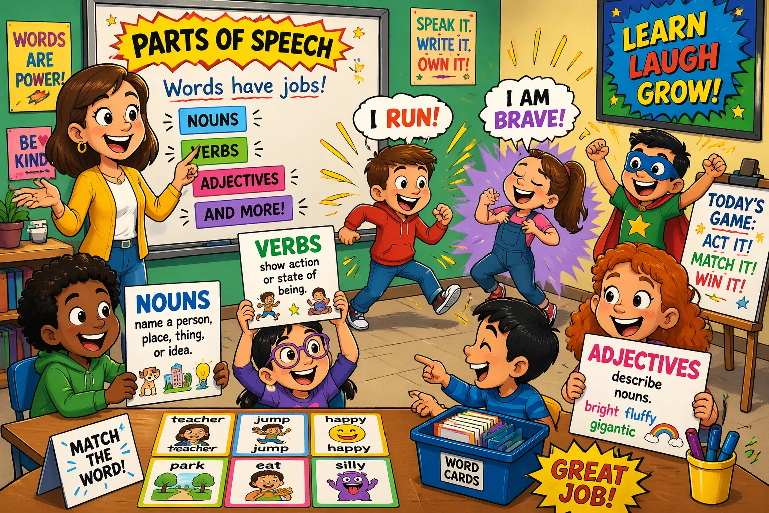 Teach parts of speech fun ways kids classroom activities with games and colorful word cards.