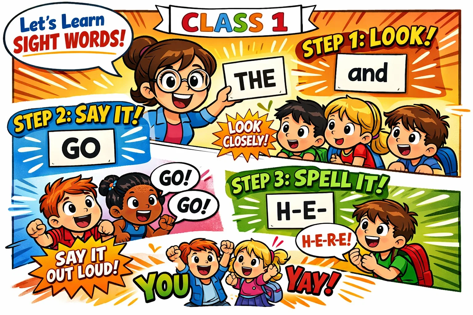 Teach sight words step by step with teacher, flashcards, and reading practice.
