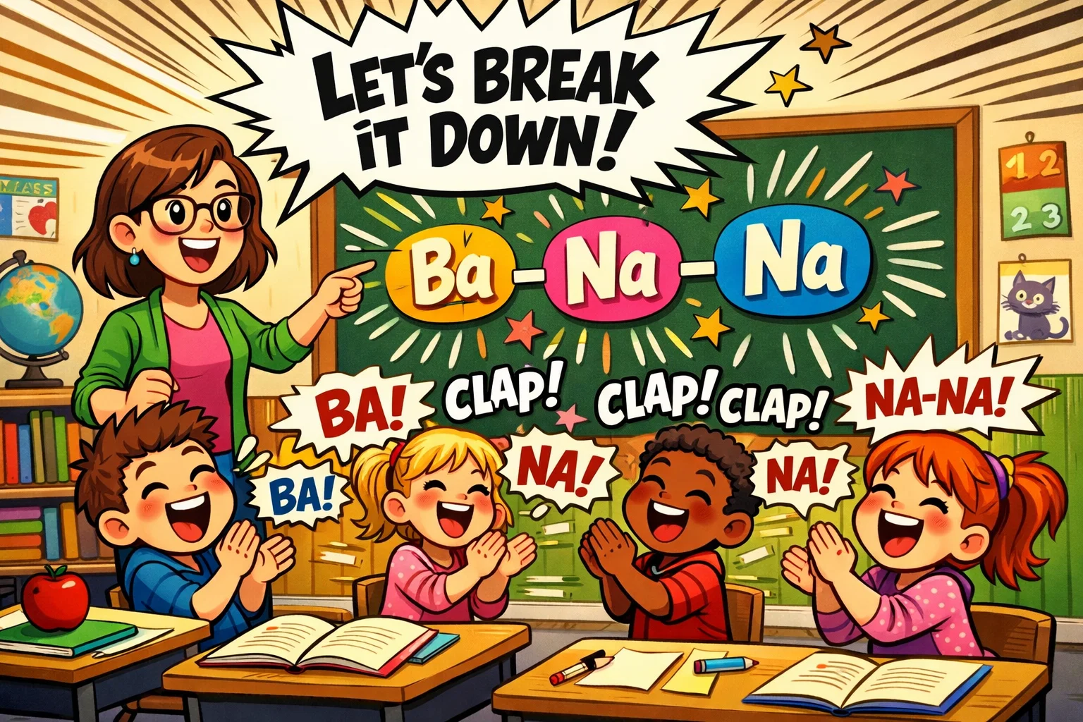 Teach syllables step by step young readers learning with teacher in classroom.