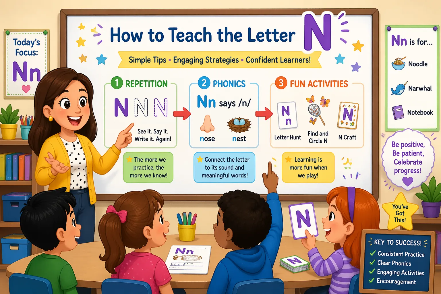 Teaching letter N tips kindergarten classroom strategies with teacher explaining phonics and fun methods. 