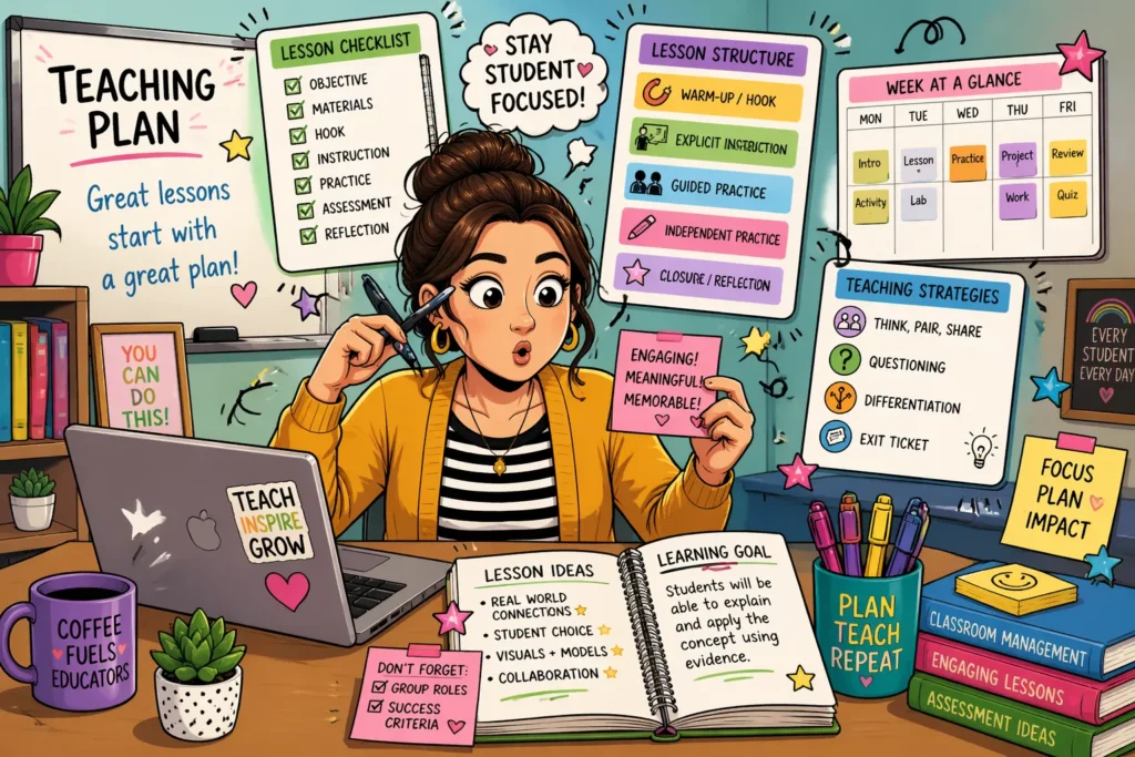 Teaching plan guide steps templates strategies classroom with teacher organizing lesson materials and plans.