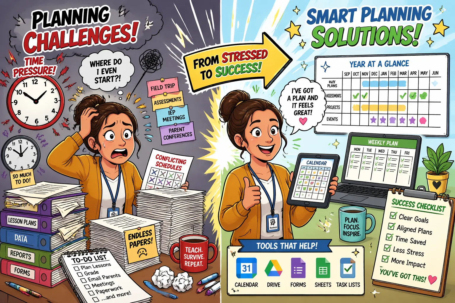 Teaching planning challenges solutions classroom with teacher managing stress and organizing lesson plans. 