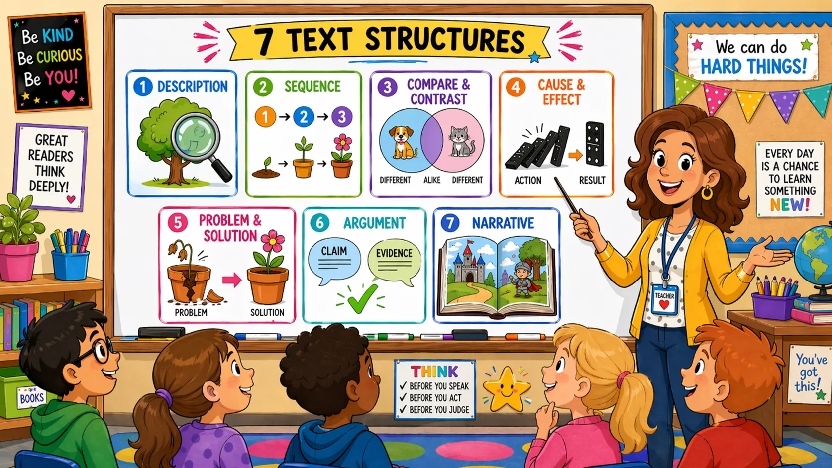 Text structures examples classroom scene with teacher and students reviewing posters.