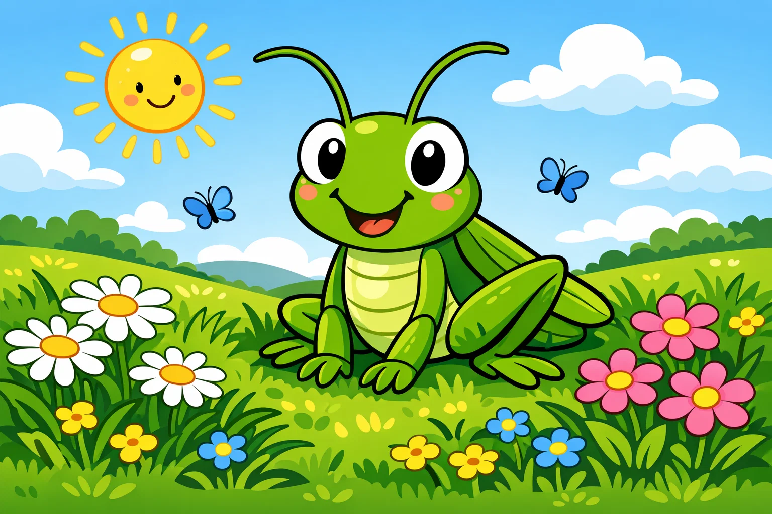 The Grasshopper by Abraham Cowley in sunny meadow cartoon scene.