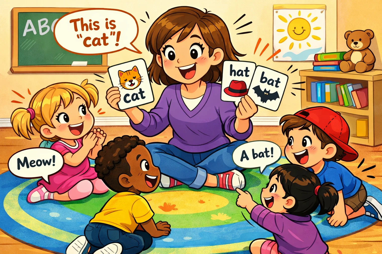 Tips explaining rhyming words kindergarten kids with teacher and word cards.
