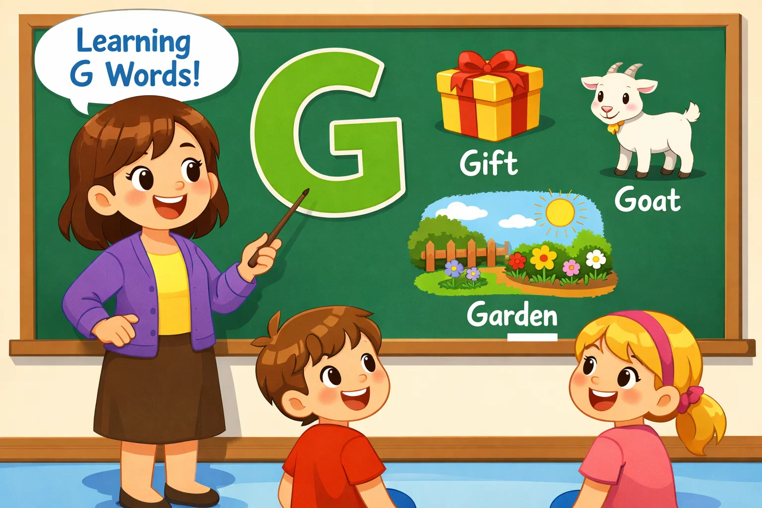 Tips for teaching G words on a classroom board with teacher and smiling kids.

