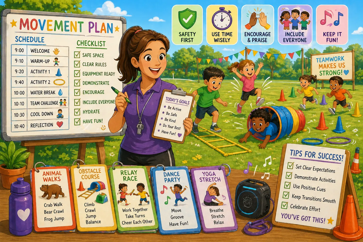 Tips implementing movement activities preschool classroom with teacher planning and kids active in background. 