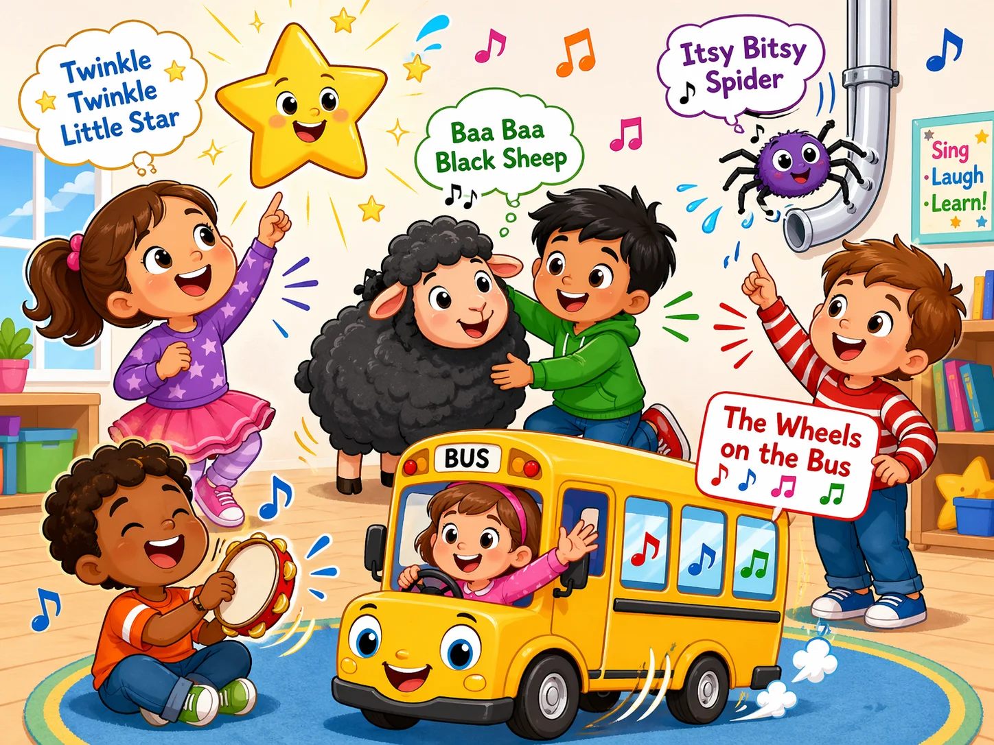Top 10 popular nursery rhymes for kids list with classic song props and happy children.