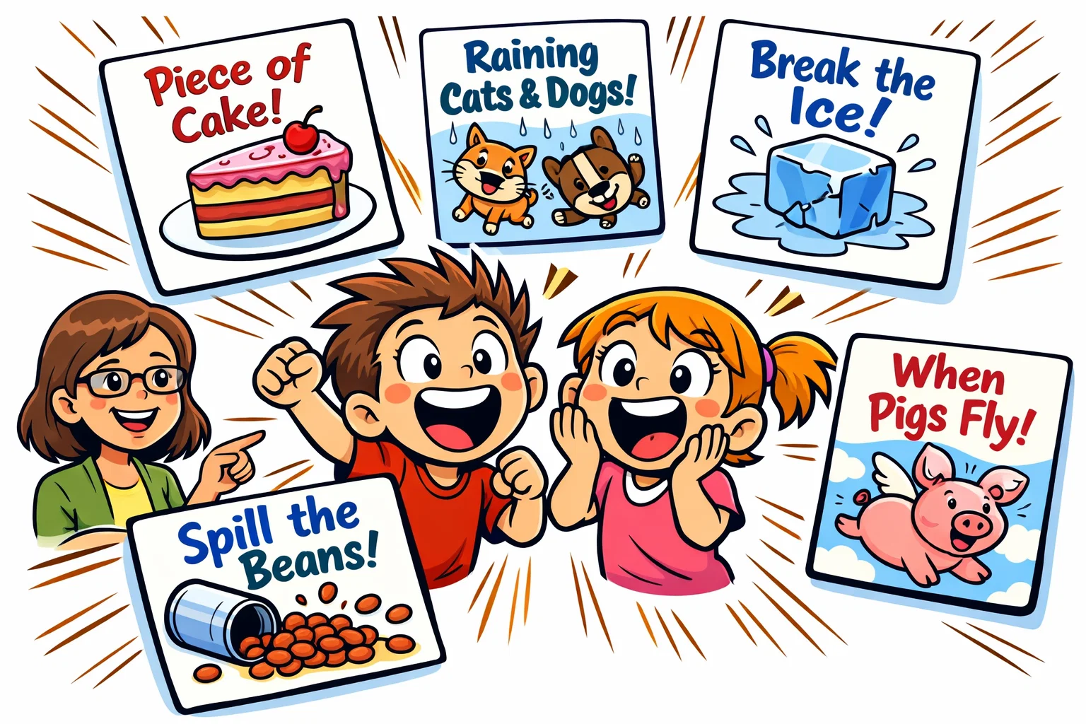 Top 5 most popular idioms for kids shown on fun picture cards.
