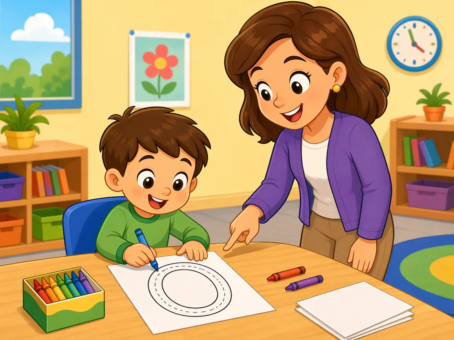 Tracing letter O preschool activity with crayons for early writing practice.