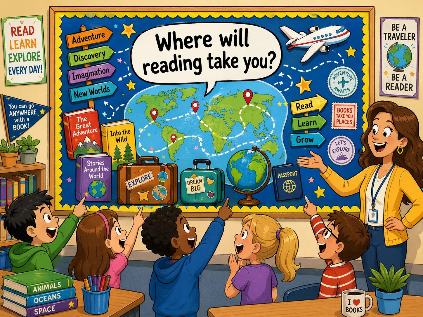 Travel adventure book display with maps and books on elementary bulletin board.