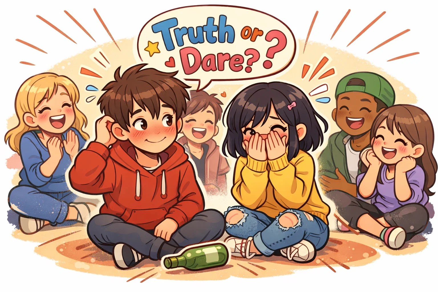 Truth or dare teen couples playing a cute and fun party game together.
