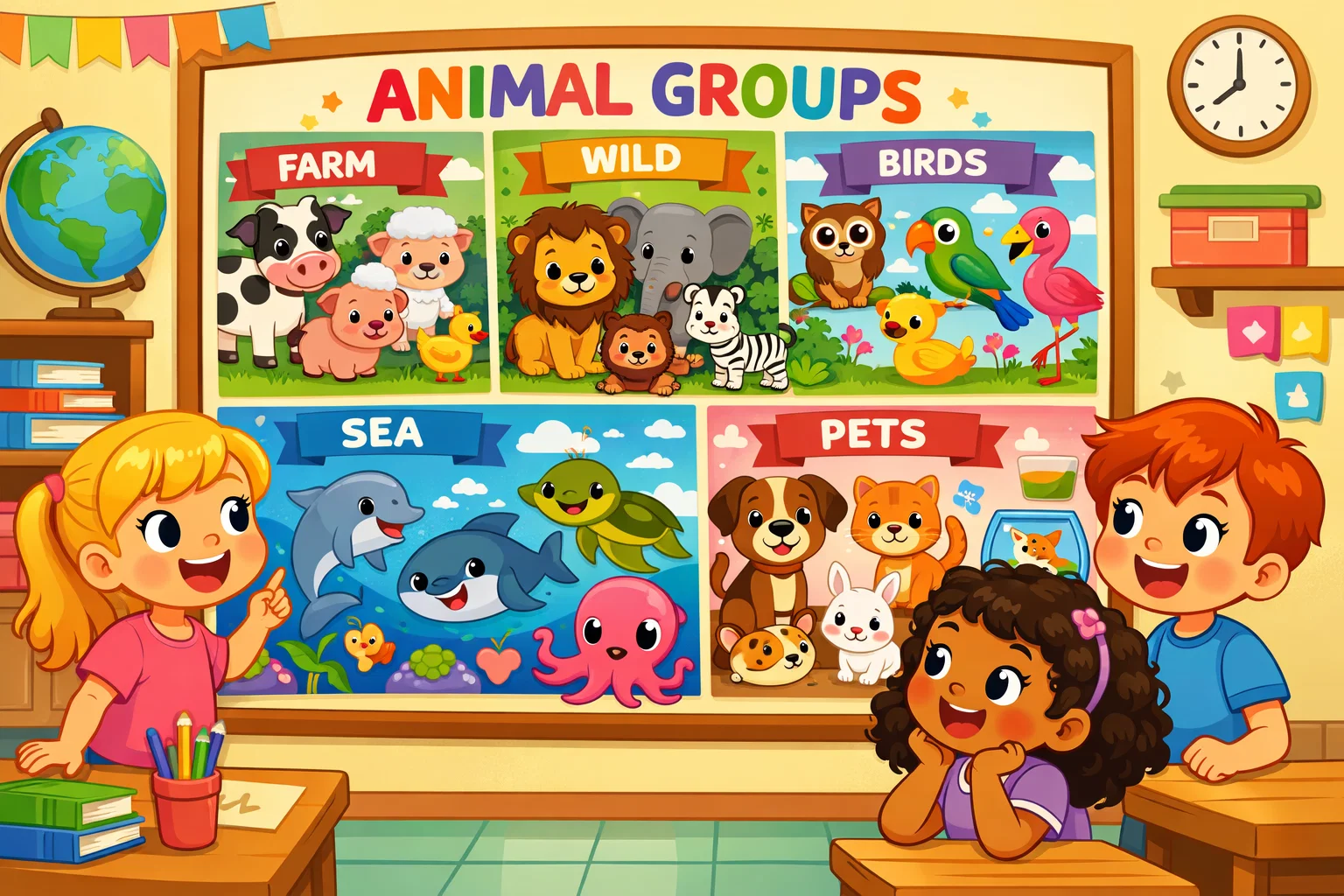 Types of animals fun facts kids image with farm, wild, bird, sea, and pet groups.
