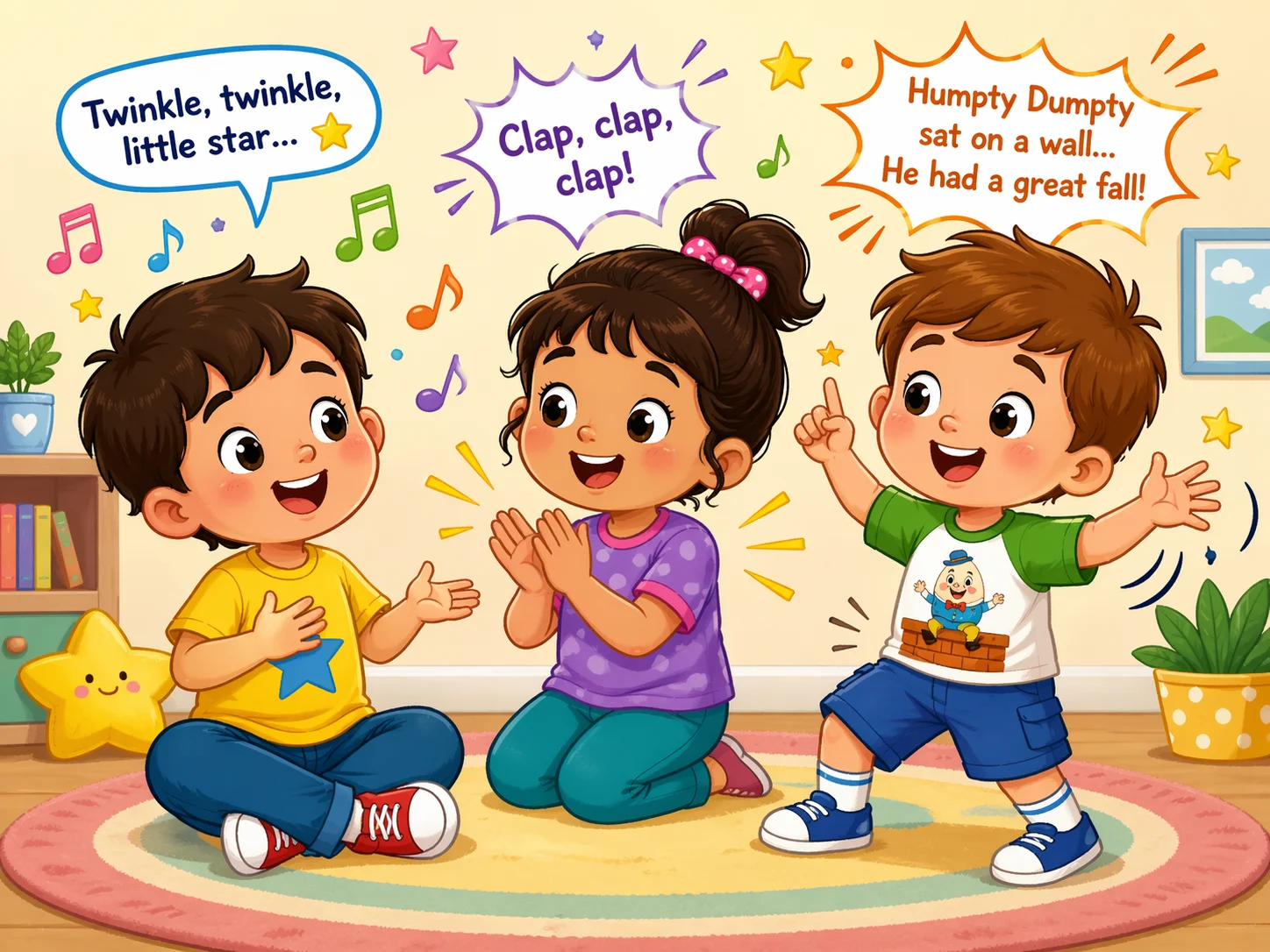 Types of nursery rhymes for kids with singing, clapping, and hand motion play.
