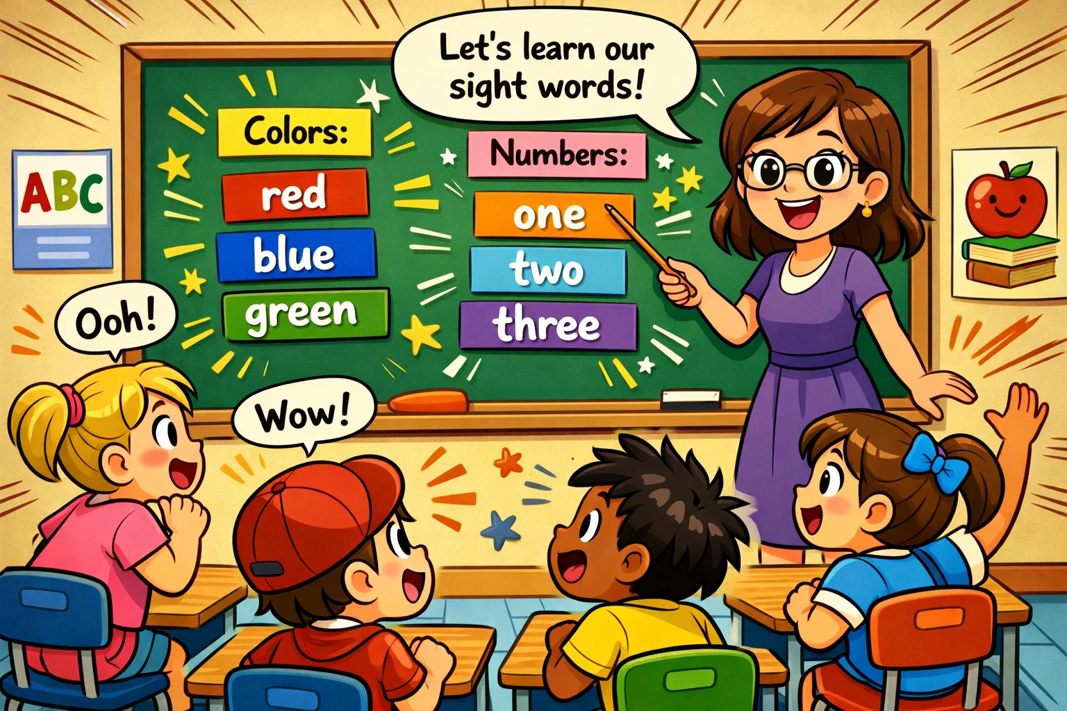Types of sight words for Class 1 shown on board with teacher and students.

