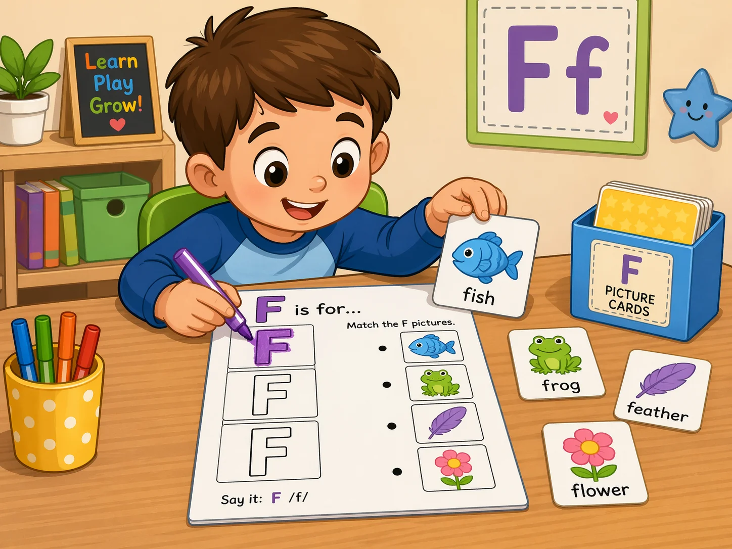 Uncover match and highlight F activity for early phonics practice.
