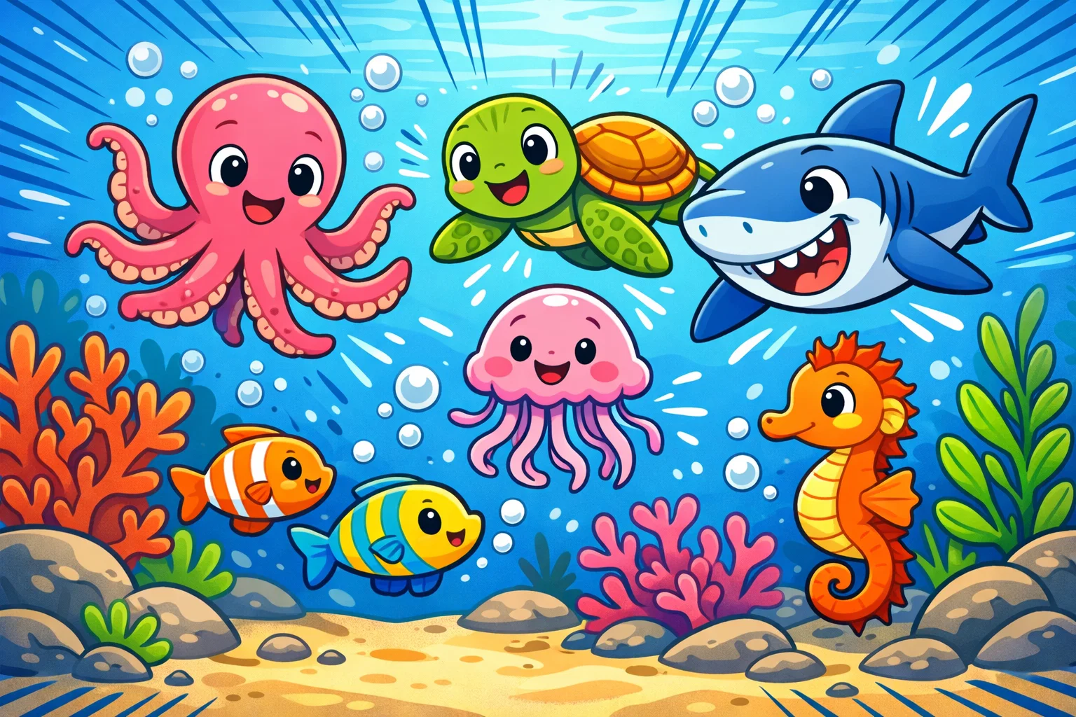  Underwater animal facts for kids cartoon with octopus, turtle, and shark.
