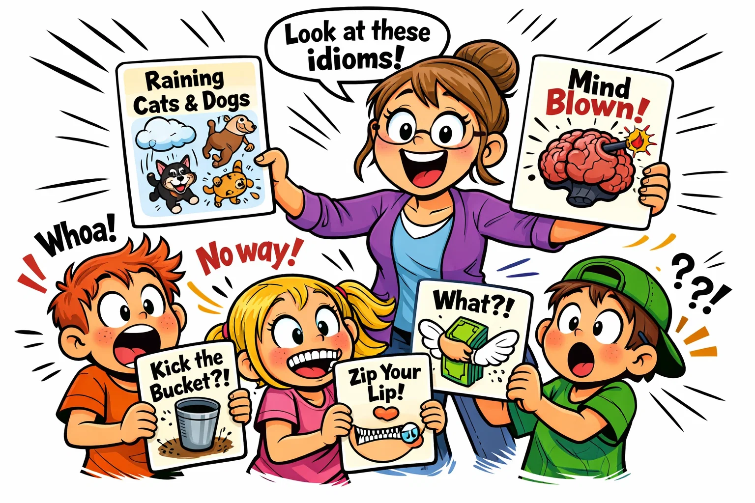 Unique expressions for kids on fun idiom cards with surprised reactions.
