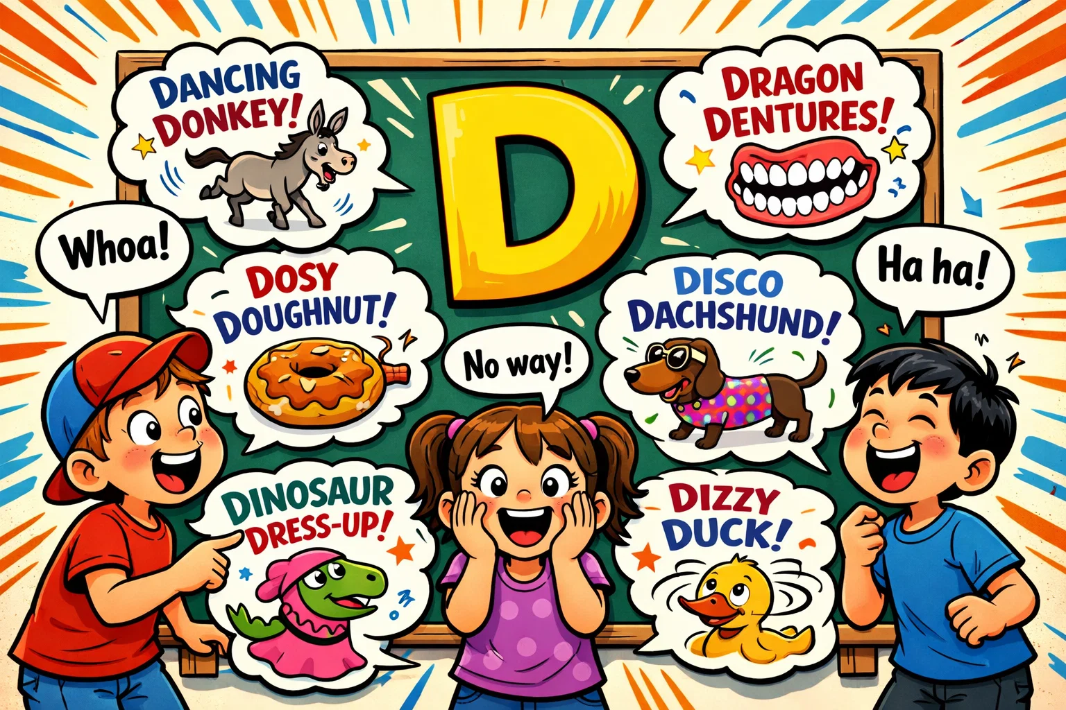 Unusual funny words that start with D on a board with laughing kids.