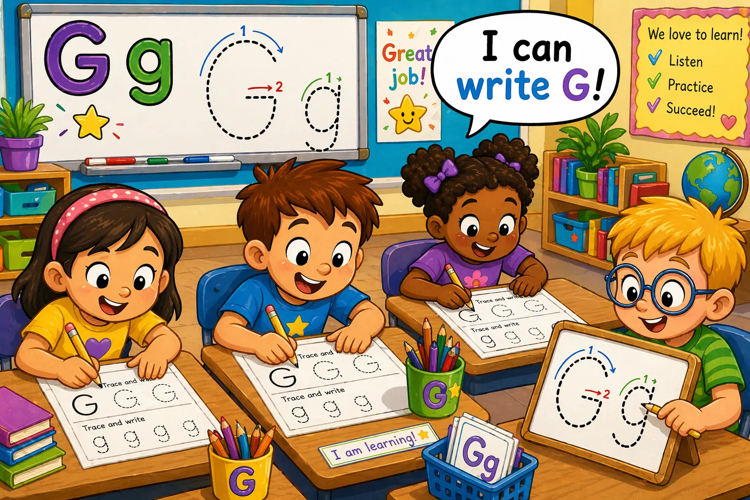 Uppercase lowercase G practice kids tracing and writing letter forms. 