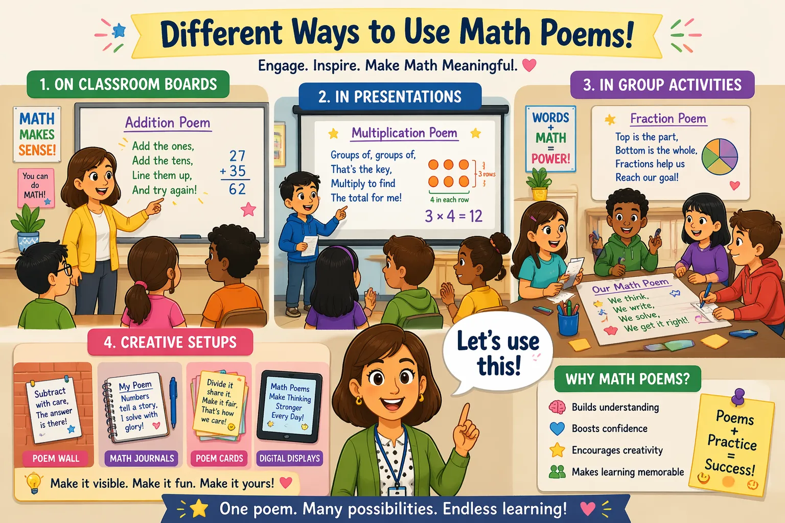 Usage ideas short math poems with classroom activities and presentations.