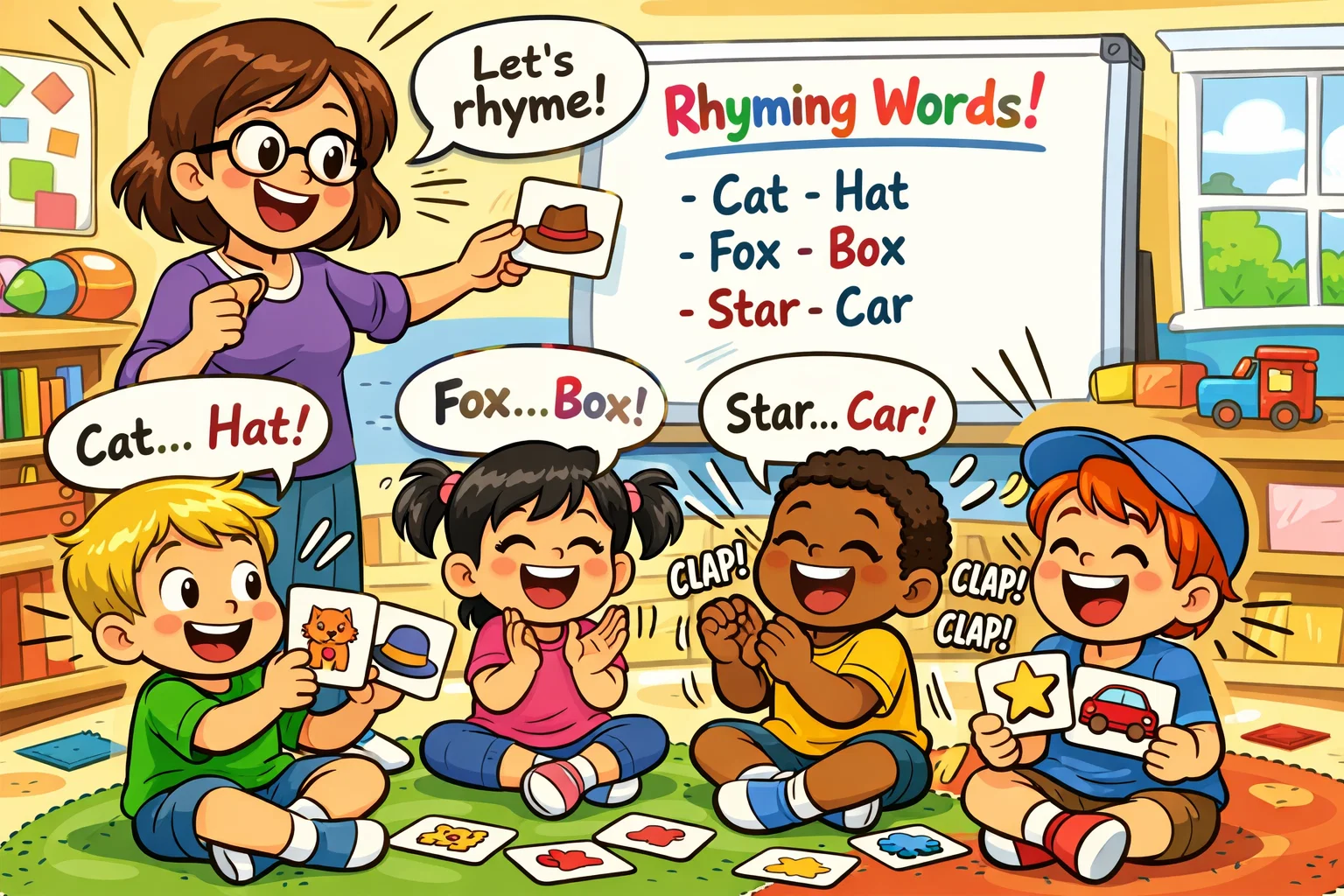 Use list to teach rhyming words through matching and clapping activities.
