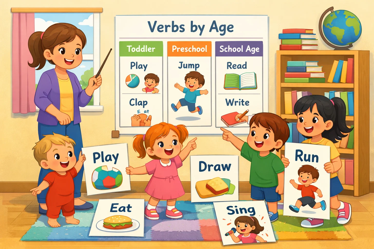 Verbs by age group for kids with children of different ages learning verb cards.
