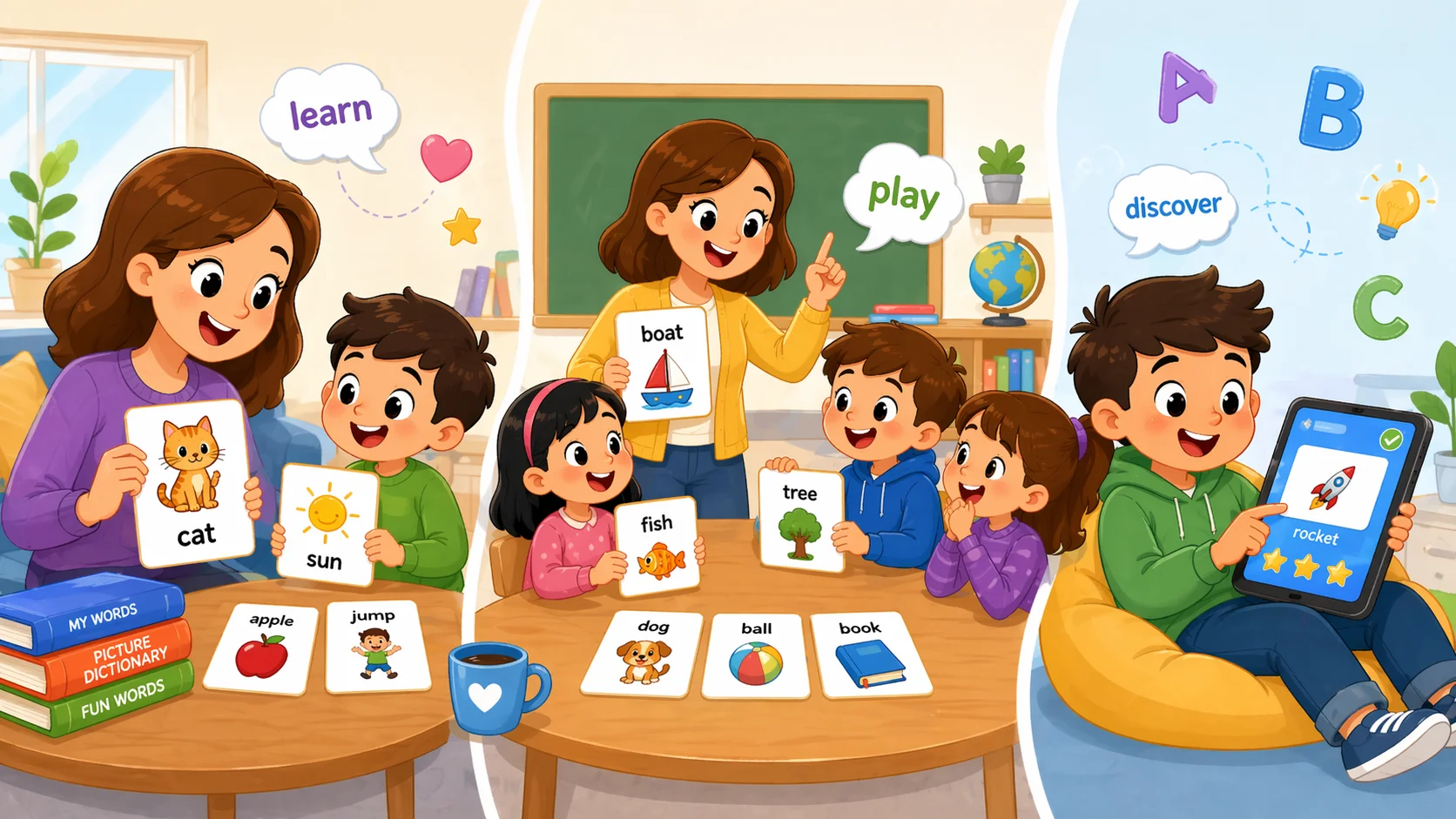 Vocabulary games for kids in home, classroom, and online settings.