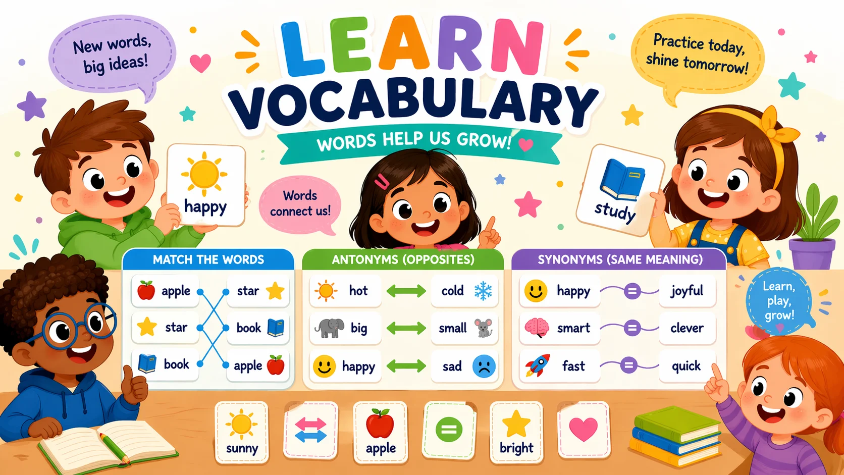 Vocabulary skills for kids with word matching, synonyms, antonyms, and speech bubbles.