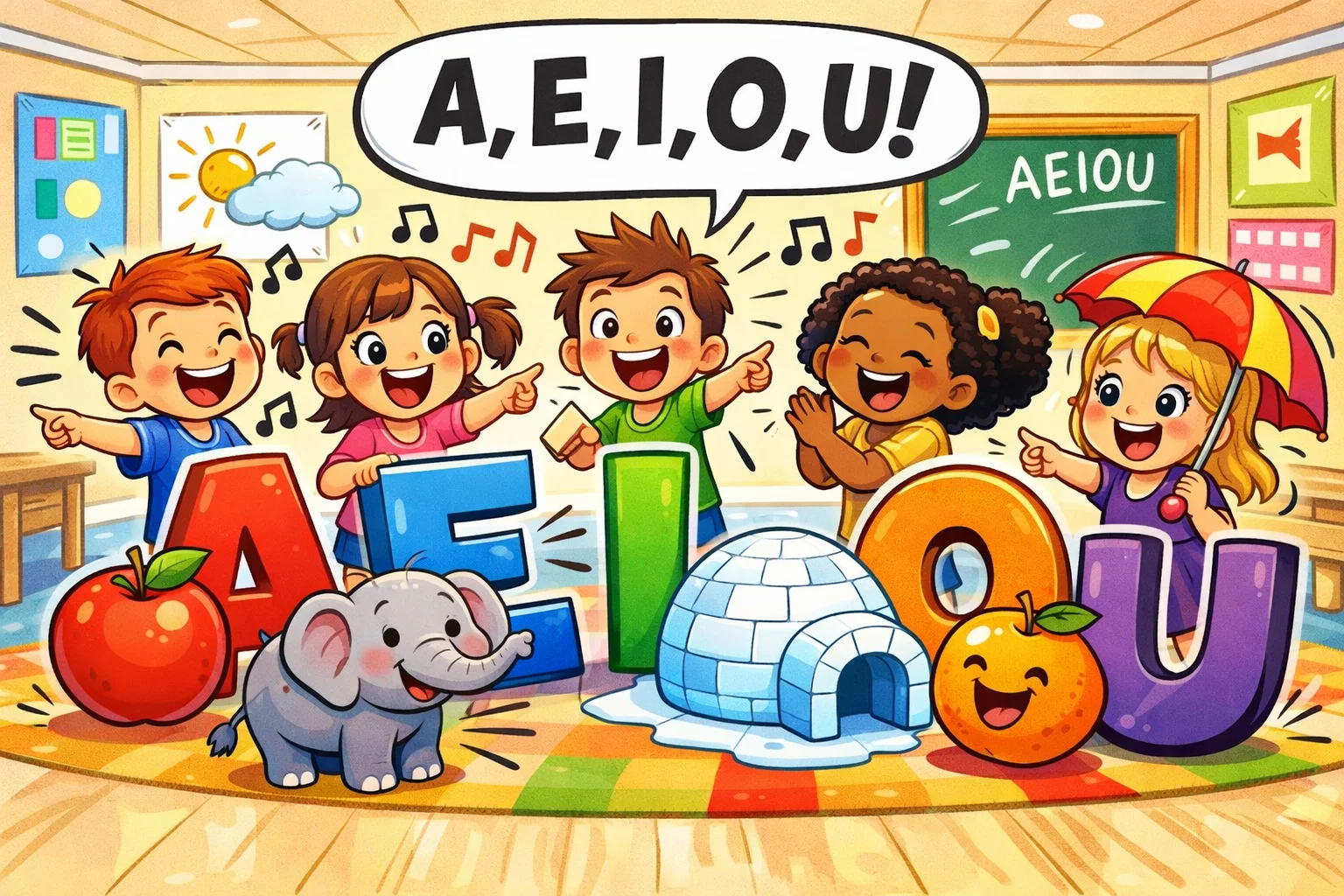 Vowels for kids definition examples guide with children learning A E I O U.