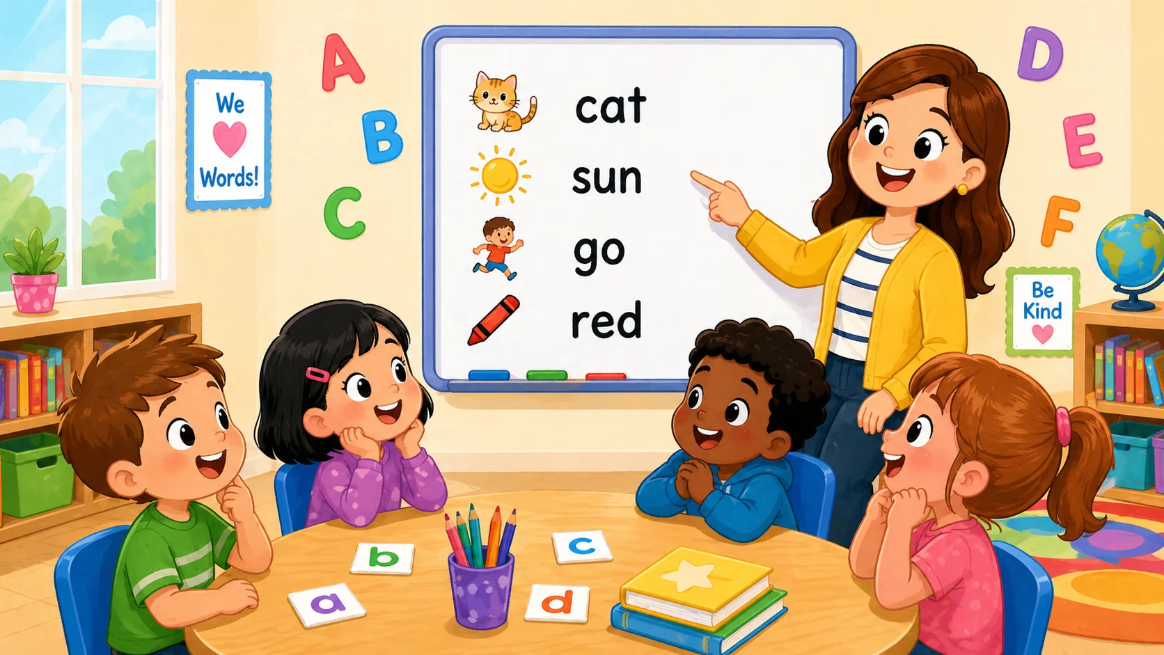 What are kindergarten words with teacher showing simple classroom word examples.