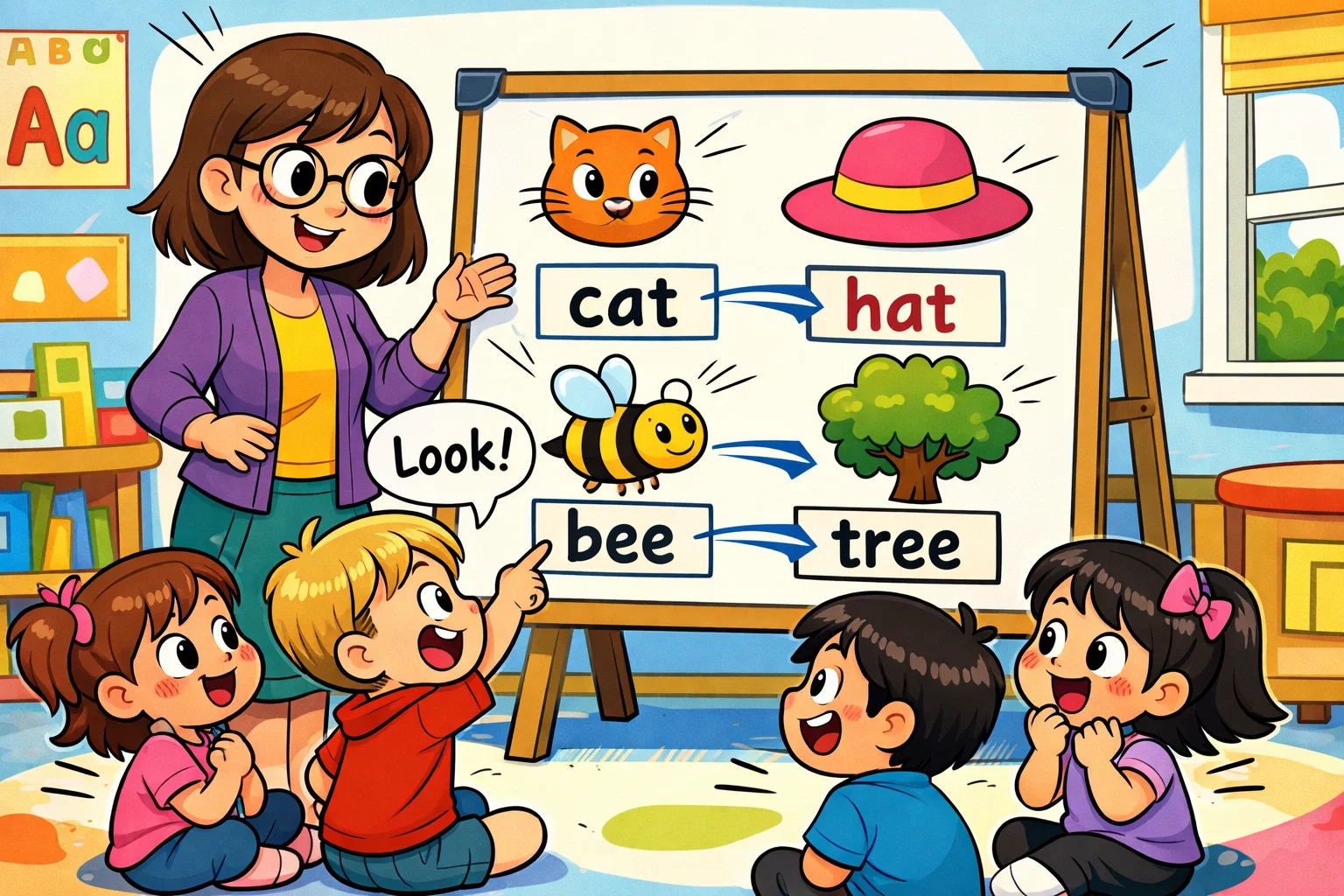 What are rhyming words lesson with kids, teacher, and simple picture pairs.
