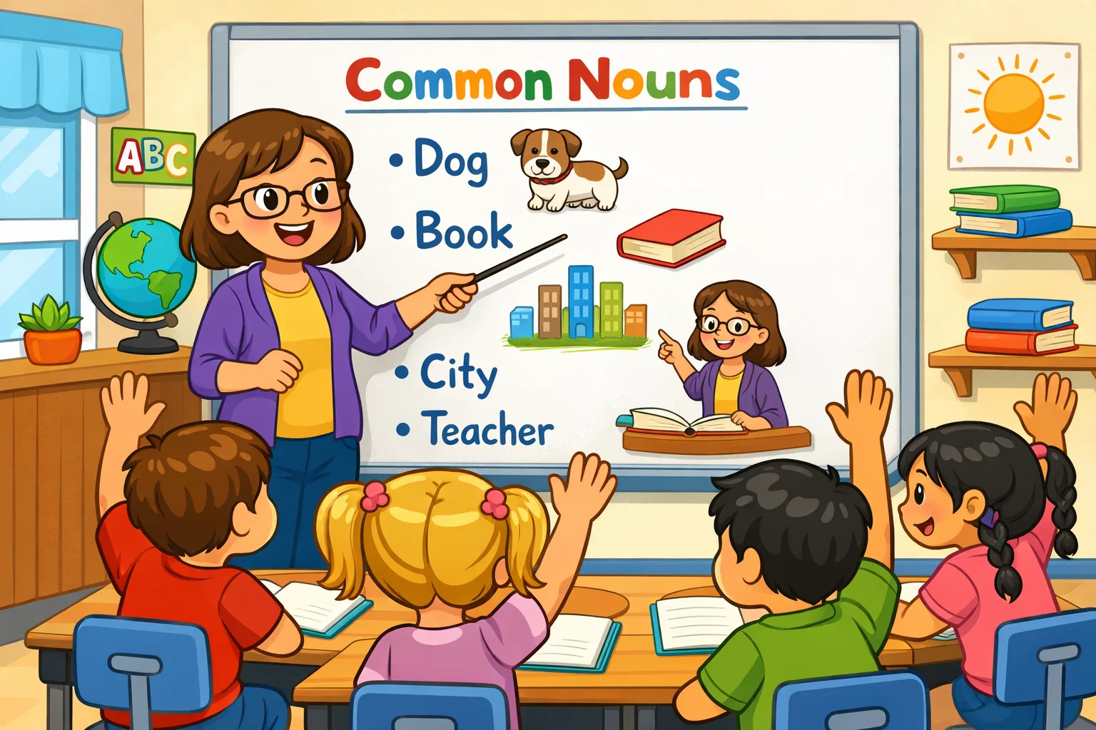 What common nouns are lesson with simple examples on classroom board.
