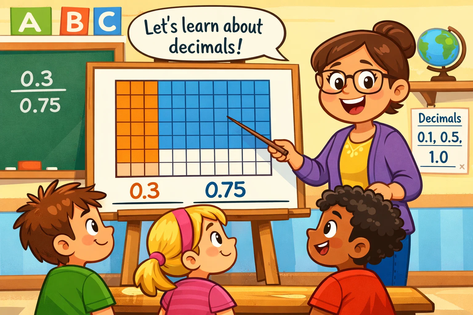 What decimal number means with a visual model showing shaded parts for children.