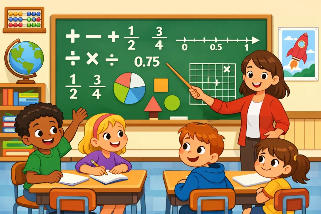 What do 5th graders learn in math with a teacher and students in classroom.