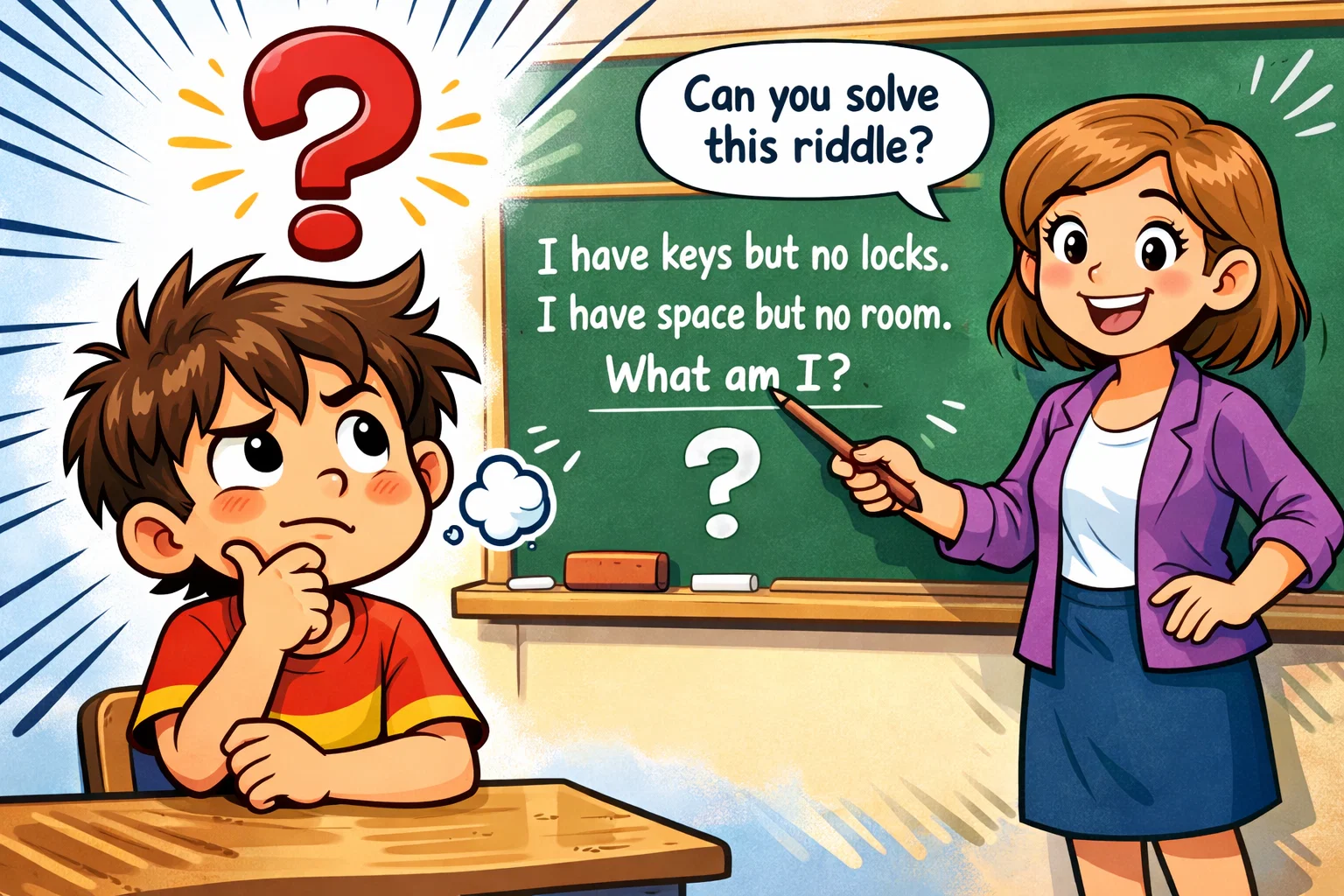 What is a riddle for kids shown by teacher and student in class.