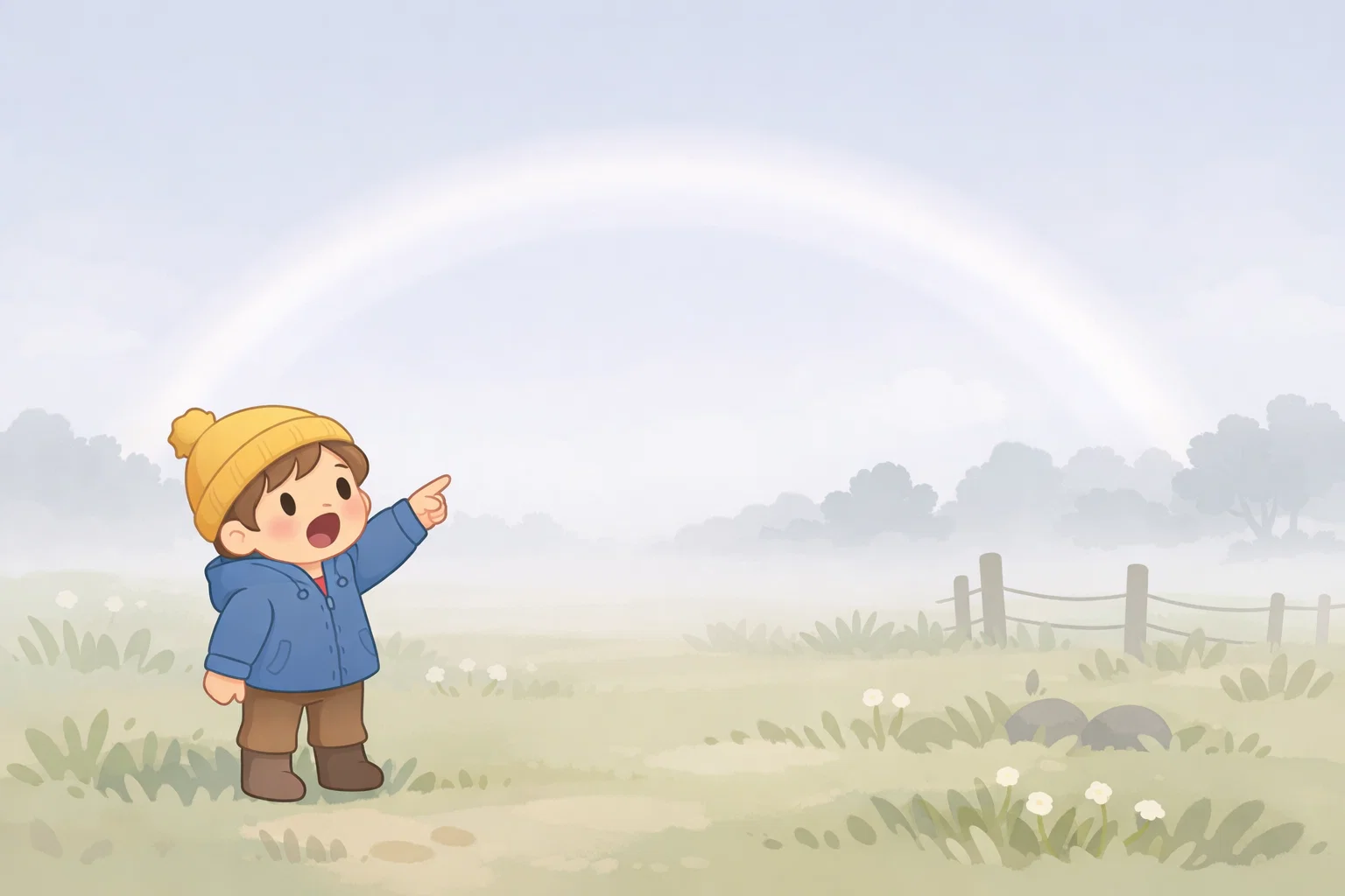 What is fogbow cartoon with pale white arc in misty field.
