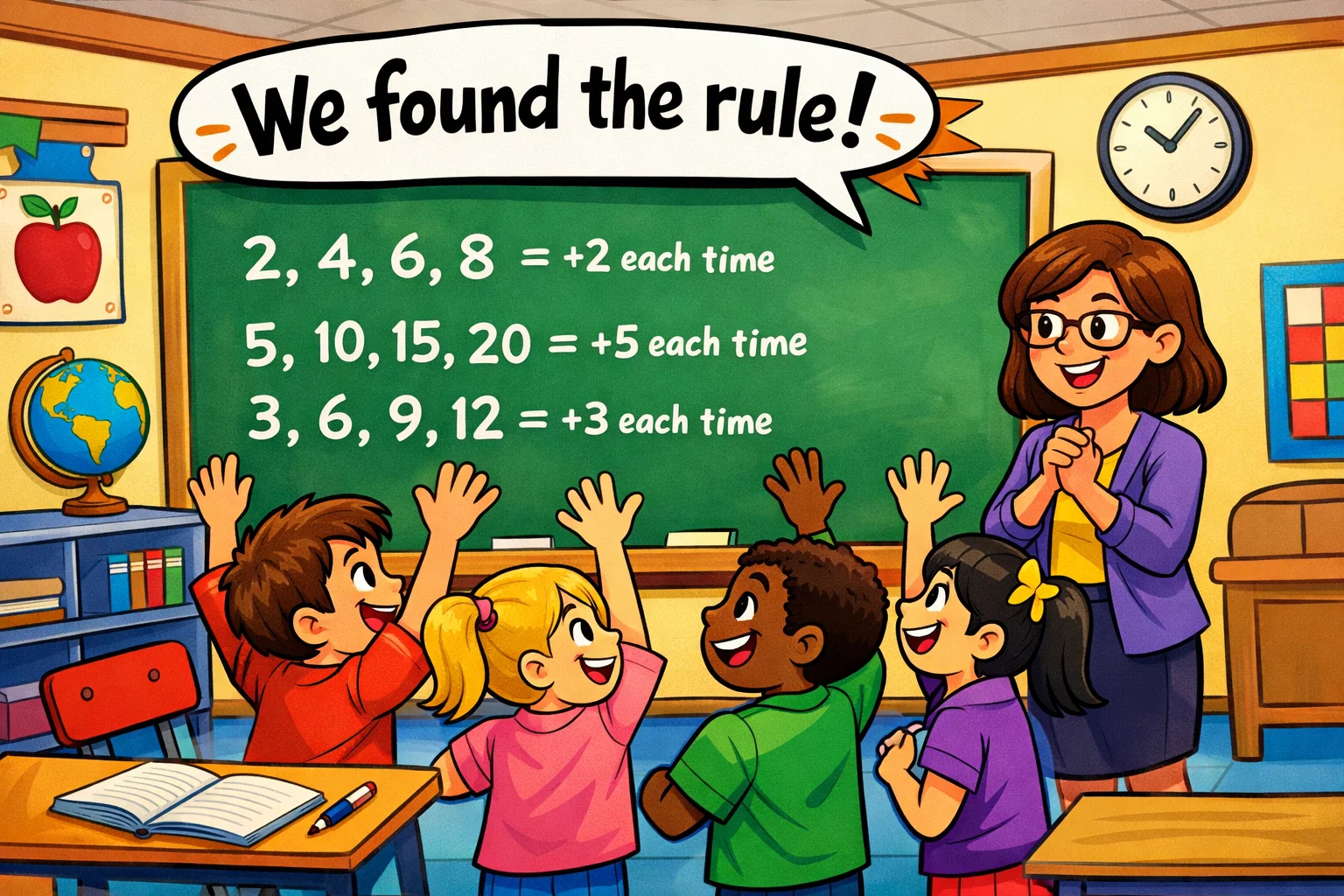 What is inductive method classroom example with students finding a rule.
