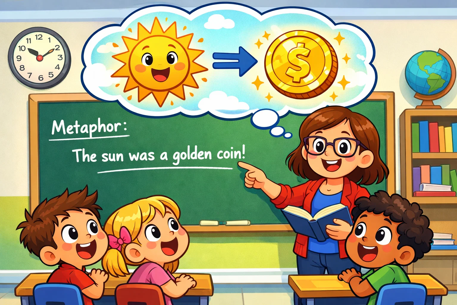 What is a metaphor for kids shown by a teacher and students in a bright classroom.
