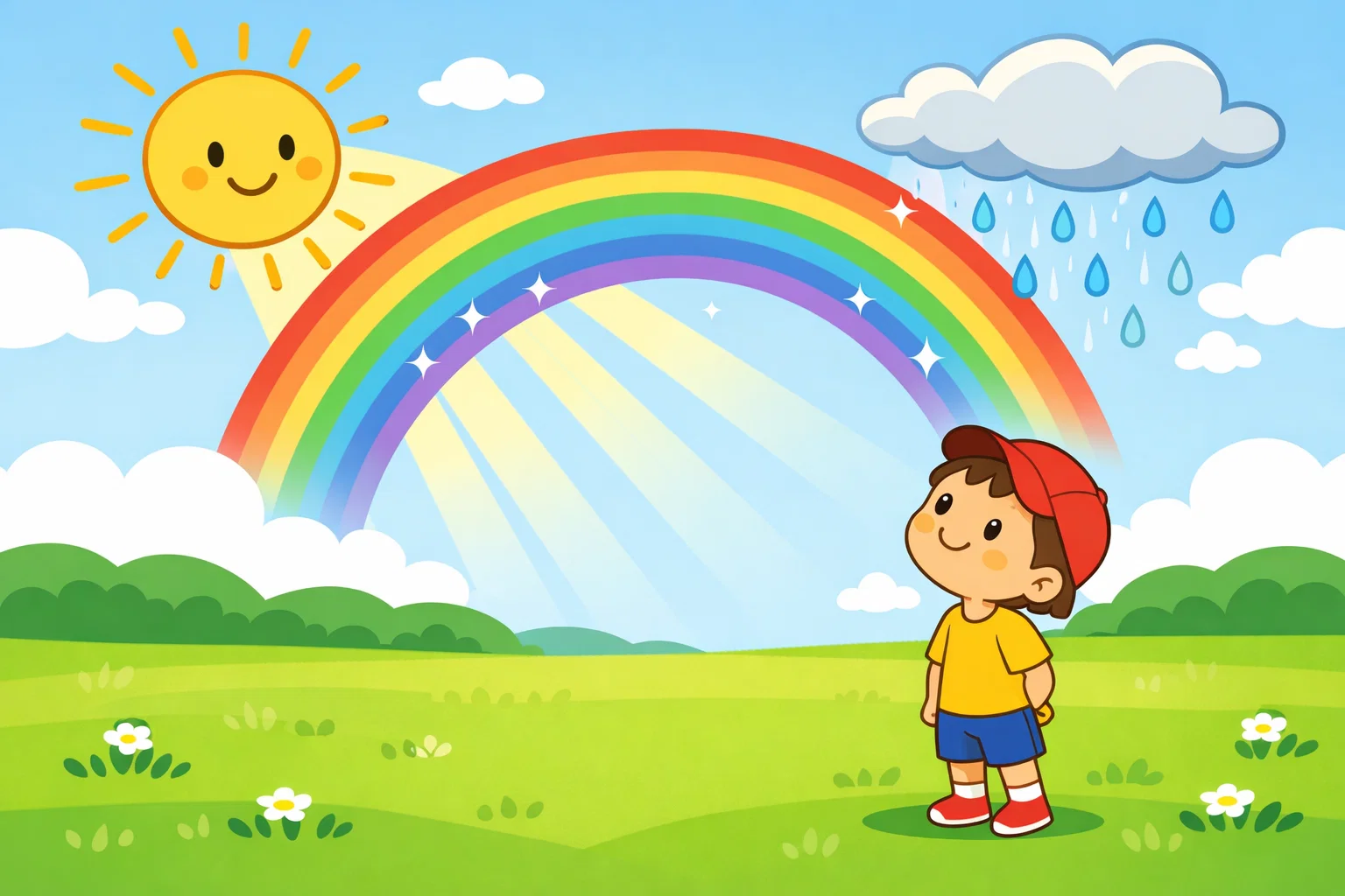 What is rainbow cartoon with sunlight, raindrops, and colorful arc in sky.

