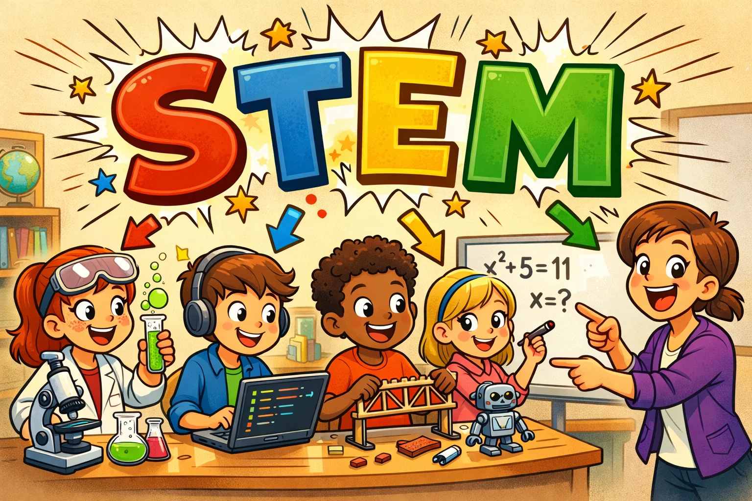 Middle school STEM classroom showing science, technology, engineering, and math.
